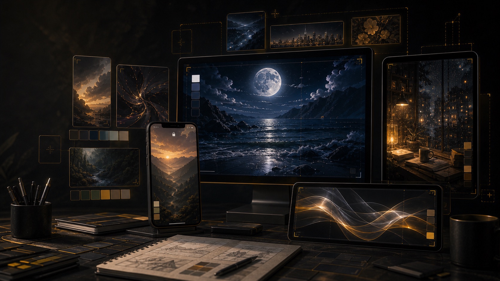 AI wallpaper design workspace with phone, desktop, tablet, and banner previews